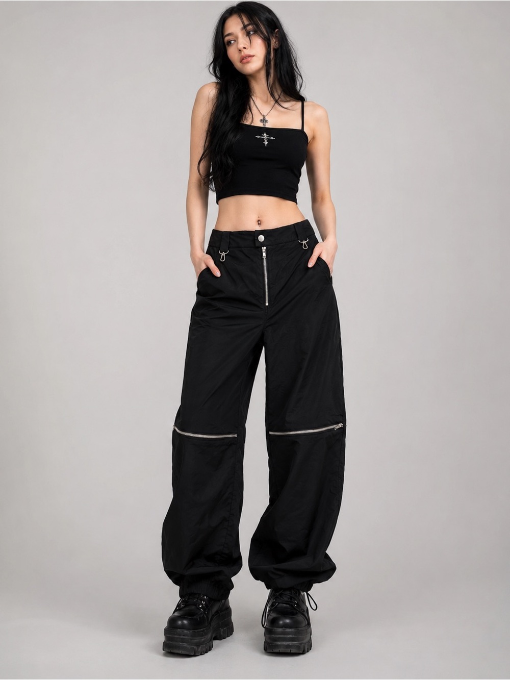 Dolls Kill x Poster Girl Black Parachute Cargo Pants Zip Detail Size Medium NWOT